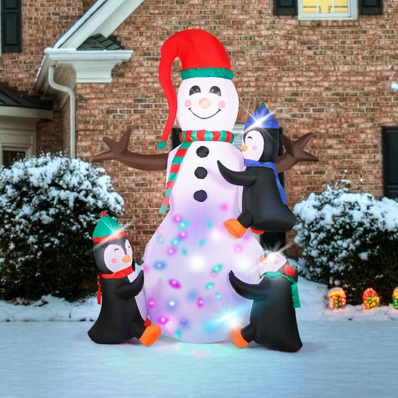 7FT Christmas Inflatable Snowman with Penguins, LED Lighted Outdoor Decor for Yard, Lawn, Holiday Party, Blow-Up Xmas Decoration