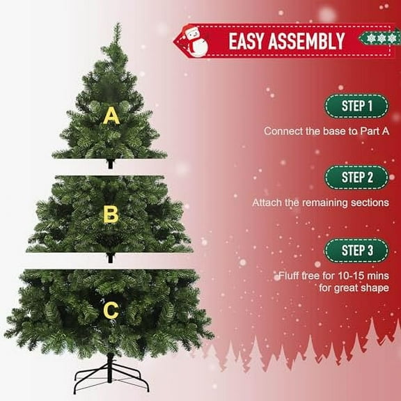 7FT Christmas Trees, Premium Hinged Artificial Christmas Tree Holiday Pine Trees with PVC Branch Tips, Xmas Tree for Home, Office, Party Decoration Easy Assembly, Metal Stand& Foldable Base.