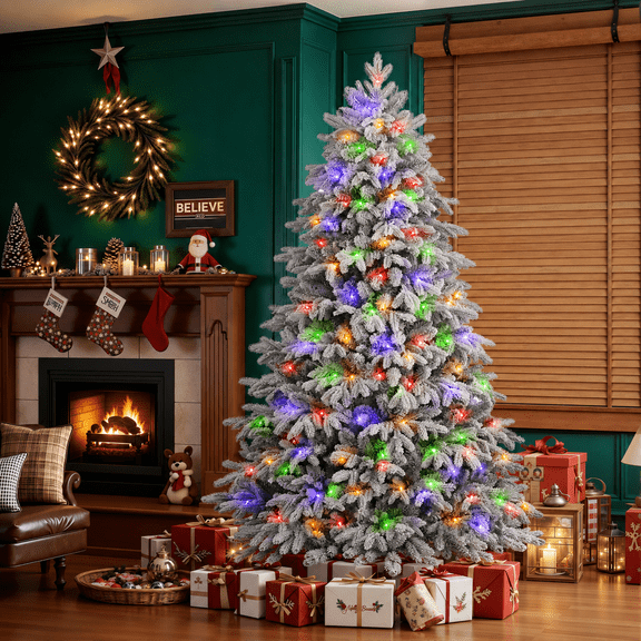 Lolsea 7ft Prelit Flocked Modern Luxury Cedar Christmas Tree with Remote Control, Timer and Warm White & Multi-Color Lights