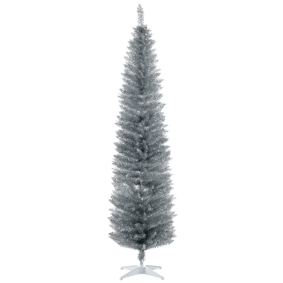 7FT Decorated Christmas Tree, Pencil Christmas Tree with 499 Realistic Branch Tips and Plastic Stand, Silver