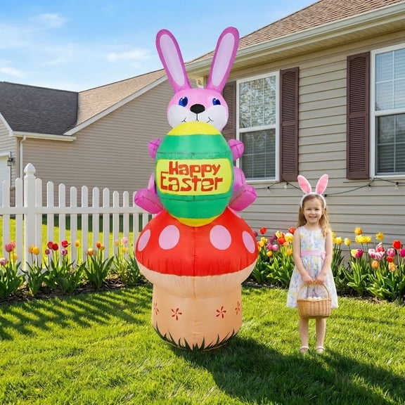 7FT Easter Inflatable Bunny with Egg Mushroom Outdoor Decoration, Easter Blow Up Yard Decorations, Inflatables Easter Holiday Funny Decor for Indoor Lawn Garden