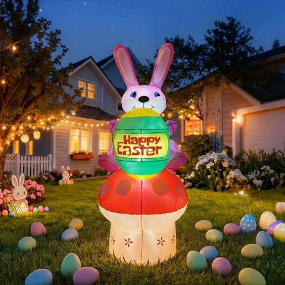 7FT Easter Inflatable Bunny with Egg Mushroom Outdoor Decoration, Easter Blow Up Yard Decorations, Inflatables Easter Holiday Funny Decor for Indoor Lawn Garden