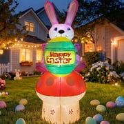 7FT Easter Inflatable Bunny with Egg Mushroom Outdoor Decoration, Easter Blow Up Yard Decorations, Inflatables Easter Holiday Funny Decor for Indoor Lawn Garden