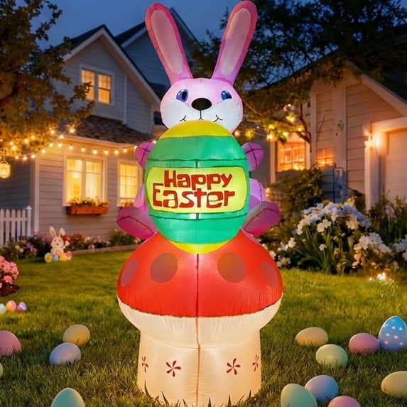 Easter Inflatale 7FT Easter Inflatable Bunny with Egg Mushroom Outdoor Decoration ...