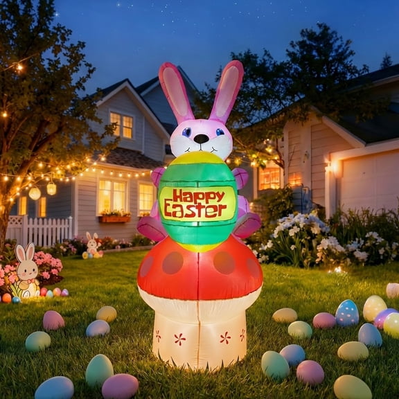 7FT Easter Inflatable Bunny with Egg Mushroom Outdoor Decoration, Easter Blow Up Yard Decorations, Inflatables Easter Holiday Funny Decor for Indoor Lawn Garden