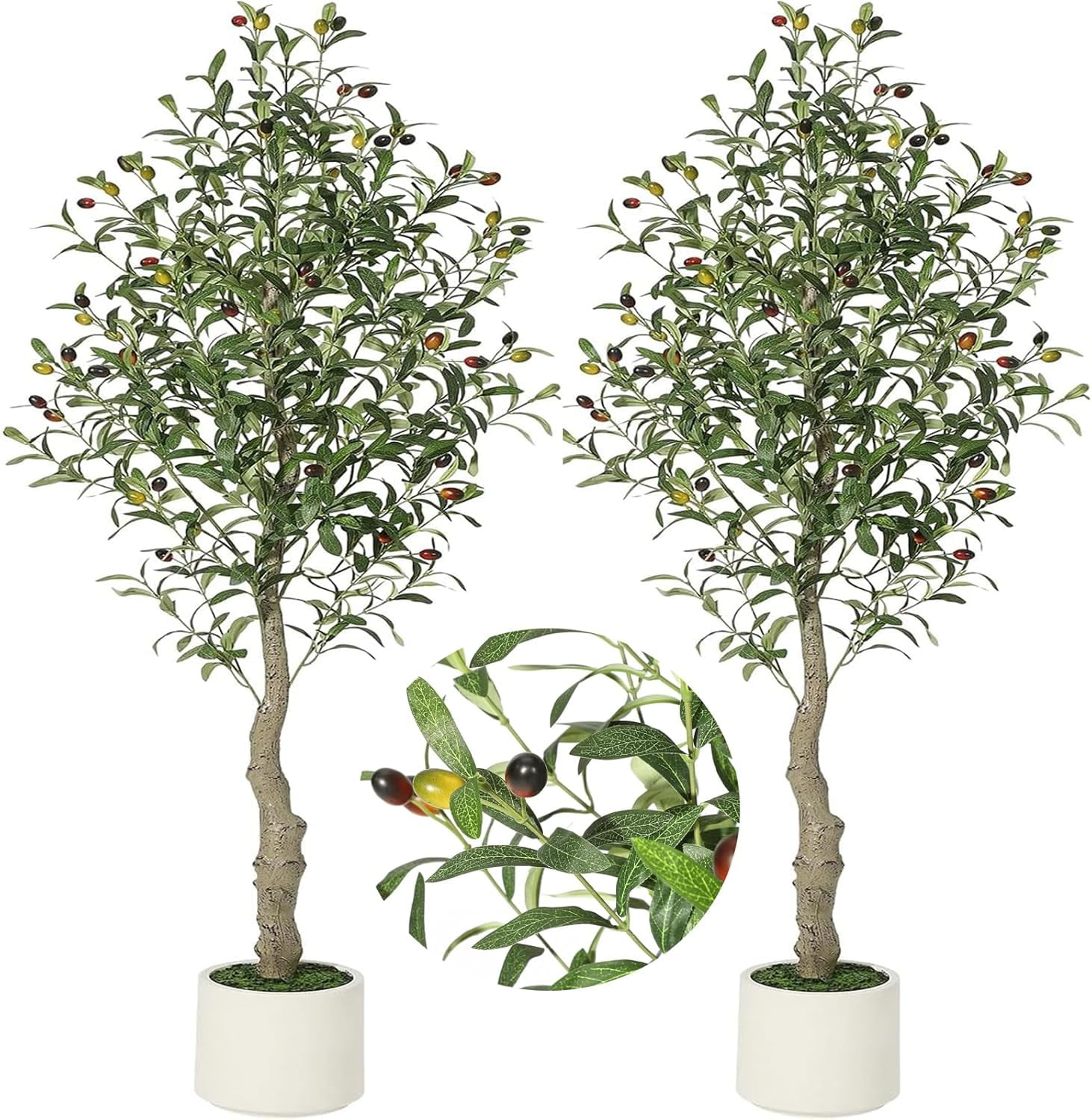 7FT Faux Olive Tree Tall, Olive Trees Artificia Indoor with White Planter and Green Moss, Fake UV Resistant Artificial Tree, for Home Office Living Room Bedroom Stairs Foyer Decor, 2PCS