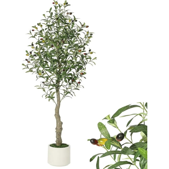 7FT Faux Olive Tree Tall, Olive Trees Artificia Indoor with White Planter and Green Moss, Fake UV Resistant Artificial Tree, for Home Office Living Room Bedroom Stairs Foyer Decor, 1PC