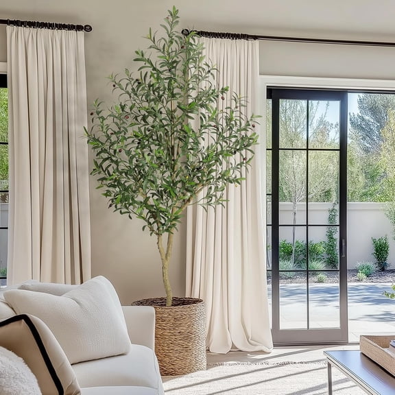 7FT Faux Olive Tree Tall,Olive Trees Artificia Indoor with White Planter and Green Moss, Fake UV Resistant Artificial Tree,for Home Office Living Room Bedroom Stairs Foyer Decor