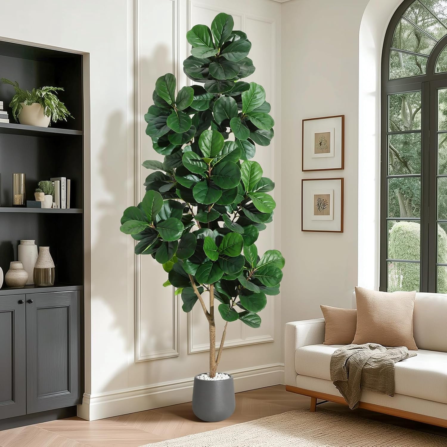 7FT Fiddle Leaf Fig Tree Artificial, Realistic Faux Ficus Lyrata Trees with 141 Leaves, Indoor Fake Floor Plants for Home Office Living Room Decor, with 9" Gray Planter Pot