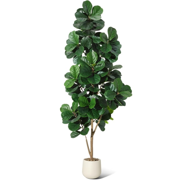 7FT Fiddle Leaf Fig Tree Artificial - with White Pot, 141 Leaves Fake Tree for Indoor Floor, Large Greenery Decor for Home Office Living Room, Housewarming Gift