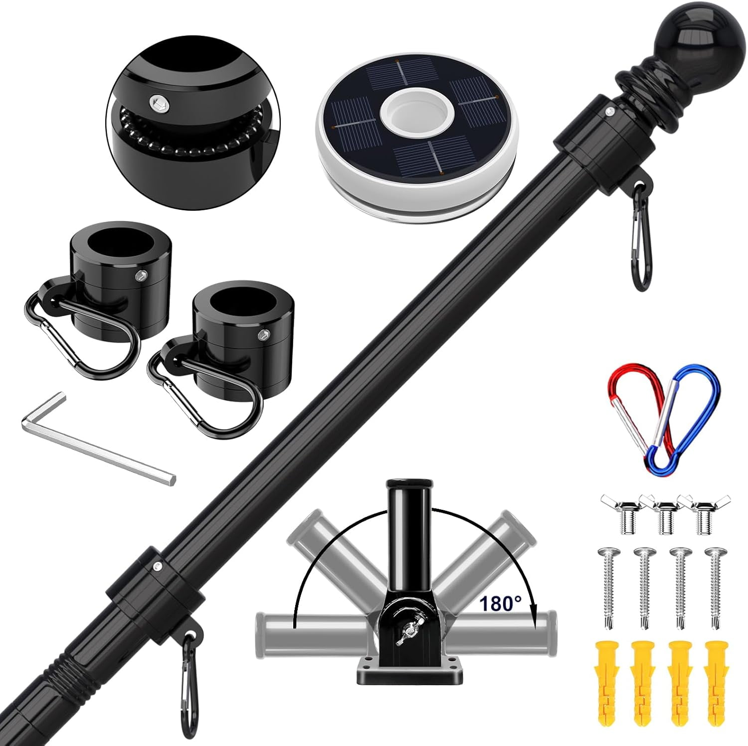 7FT Flag Pole with Solar Light, Stainless Steel Flagpole with 180 ...