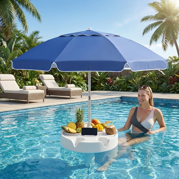 7FT Floating Umbrella for In-Pool Use, Pool Shade Umbrella with Base Cup Holder & Carry Bag, Portable Sun Shelter for Swimming Pool Beach Lake