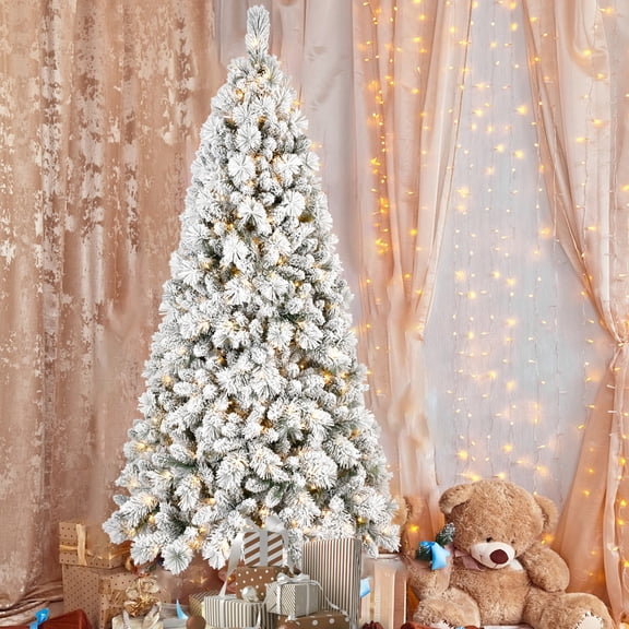 7FT Flocked Christmas Tree with 450 Warm White LED Lights 1060 Tips, Snowy PVC & Hard Needle Branches, Hinged Design for Easy Setup, Sturdy Metal Stand Full & Realistic Holiday Tree