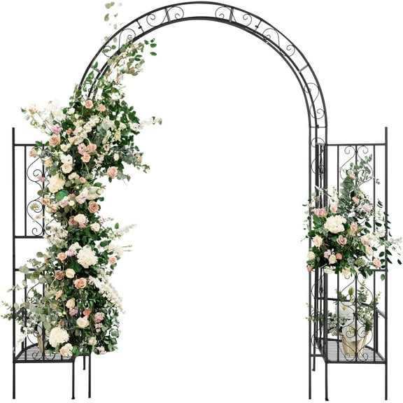 7FT Garden Arch Arbor with Plant Stand, Heavy Duty Metal Arbour Archway, Decorative Frame Stand Trellis for Wedding Ceremony Party Plant Climbing Rose Vines Lawn