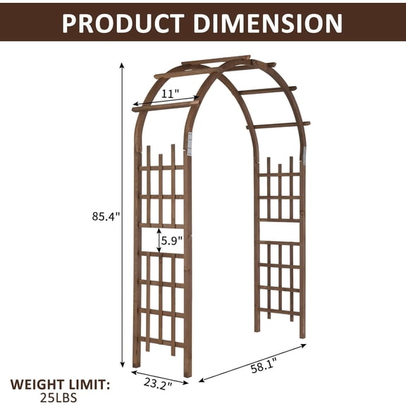 7FT Garden Arch with Lattice Dark Brown Wedding Arch with Trellis Rustic Backdrop for Climbing Plant Support Outdoor Weddings and Parties Easy Assembly