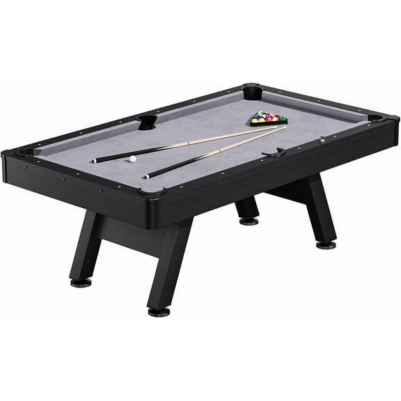 7FT Home Pool Table, Modern Black Wood Finish Billiard Table with 2 Cue Sticks, Balls, Triangle, Chalk & Brush, Complete Set for Game Room, Basement, Office & Apartment, Grey
