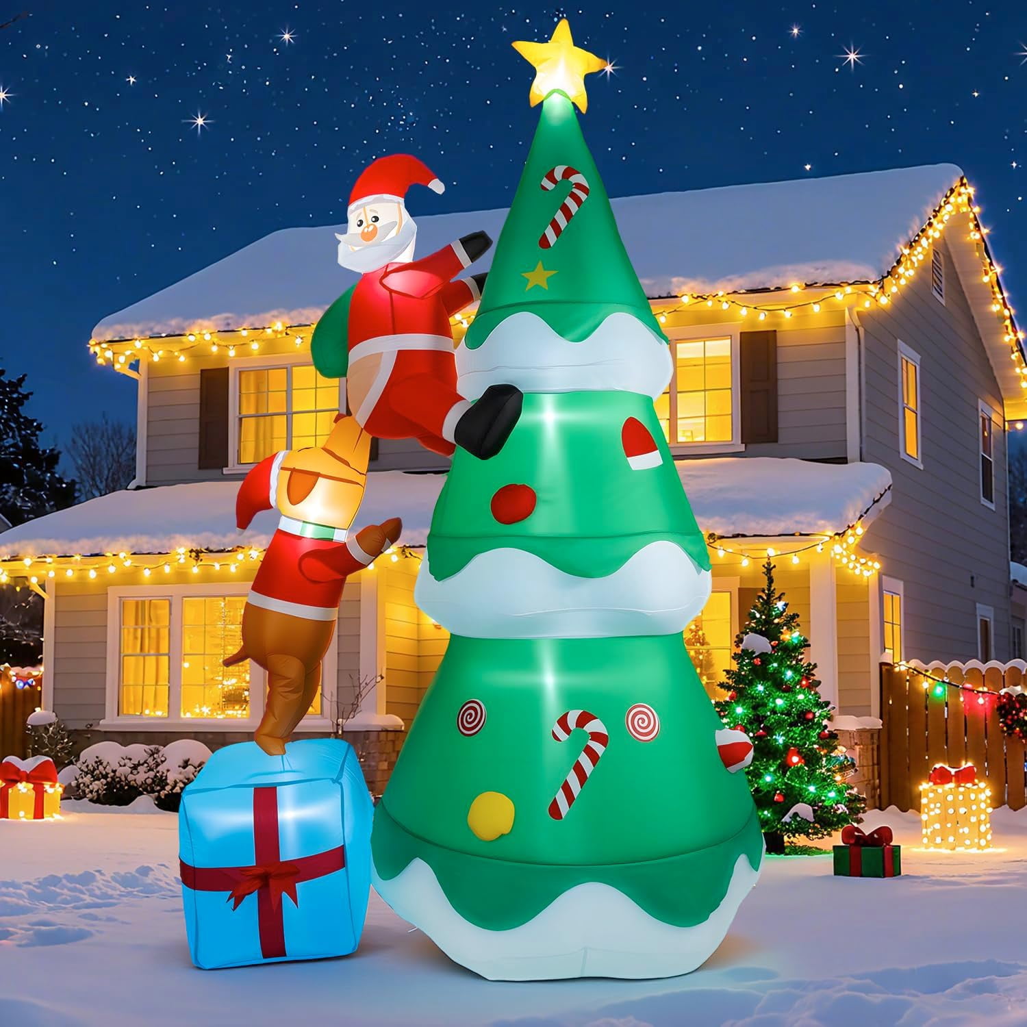 7FT Inflatable Christmas Tree with Dog and Santa Claus,Christmas Blow ...