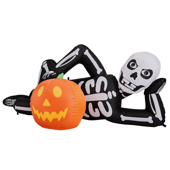 7FT Inflatable Lying Skeleton Halloween Decor with Built-in LED Lights Waterproof Polyester Blow Up Ornament for Lawn Yard Porch