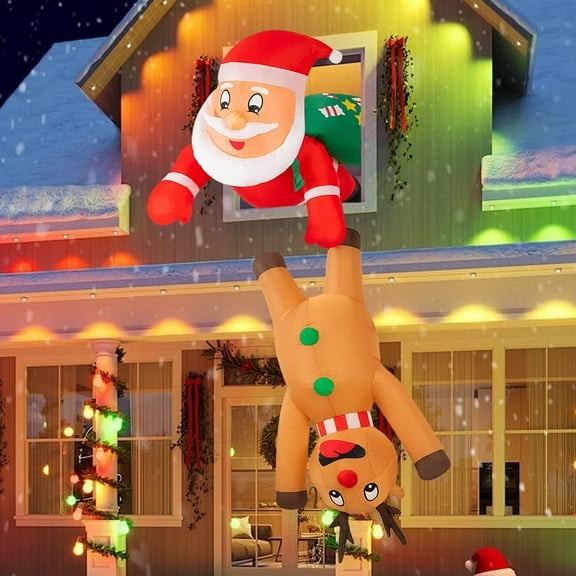 7FT Christmas Inflatable Santa Claus with Reindeer Blow Up Hanging Xmas Inflatables Decor with LED Lights
