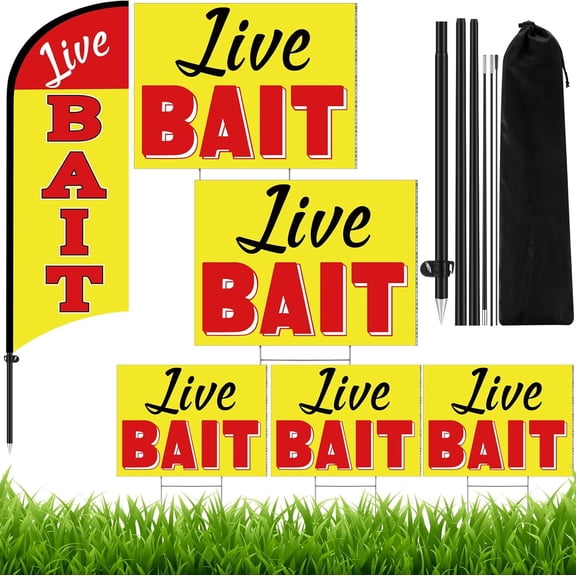 7FT Live Bait Feather Banner Flag & Pole Kit - 5 Pcs 16"x12" Double Sided Yard Signs with Stakes for Fishing Stores Docks Business Decor
