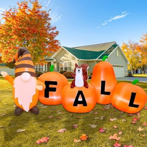 7FT Long Fall Thanksgiving Inflatables Pumpkin Outdoor Decorations, Blow Up Fall Harvest Pumpkin with Gnome Squirrel Built-in LED Autumn Harvest Thanksgiving Decor Yard Garden Lawn Party$$Garden &