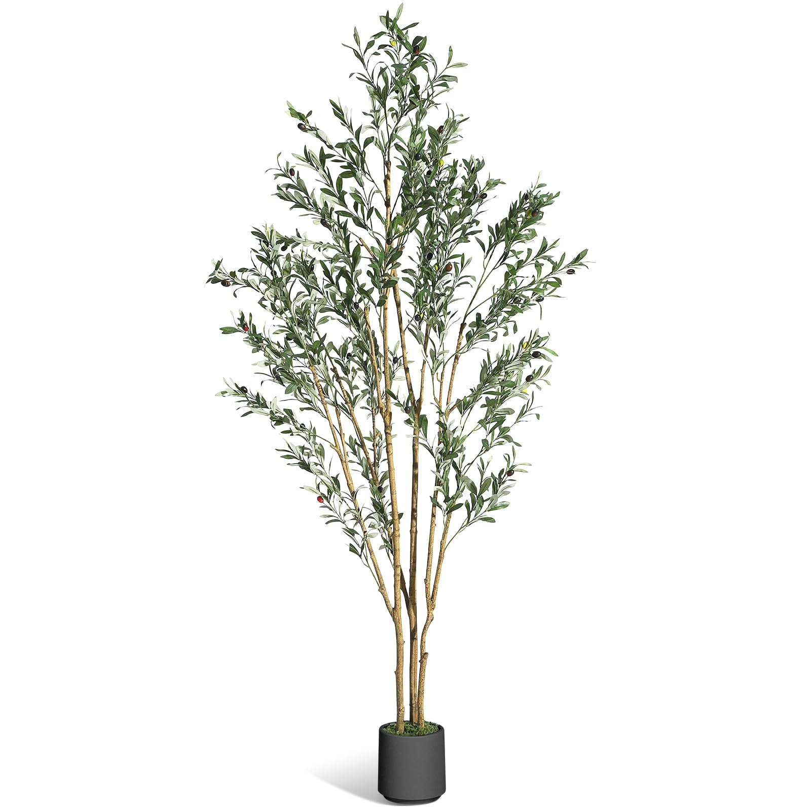 7FT Olive Trees Artificial Indoor, Faux Silk Plant with Natural Wood Trunk and Lifelike Fruits, Black Imitation Ceramic Planter with Green Fake Moss for Modern Home Office Living Room Decor