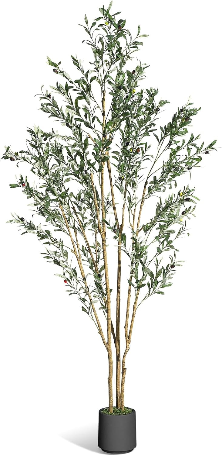 7FT Olive Trees Artificial Indoor, Faux Silk Plant with Natural Wood Trunk and Lifelike Fruits, Black Imitation Ceramic Planter with Green Fake Moss for Modern Home Office Living Room Decor