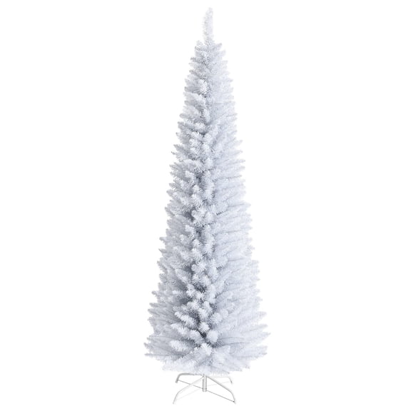 7FT Pencil Christmas Tree, Artificial Slim White Xmas Tree with 436 PVC Needles, Unlit Holiday Pine for Home Office Shop Hotel Decor, Durable Folding Metal Stand Included, White