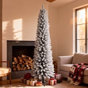 Bringstar 7FT Flocked Pencil Christmas Tree,Unlit Artificial Slim Xmas Trees