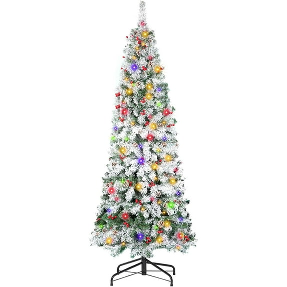 7FT Pencil Christmas Tree, Snow Flocked Artificial Xmas Tree with Warm