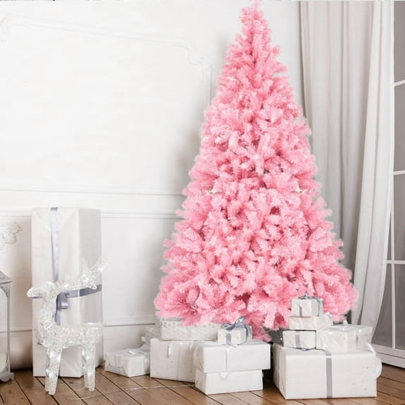 7FT Pink Christmas Tree with 1800 PVC Branch Tips, Unlit Artificial Tree with Sturdy Iron Base for Holiday & Party Decor