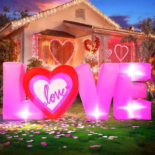 7FT Pink Love Inflatable Valentines Day Yard Decoration with Heart and LED Lights Giant Romantic Blow Up Outdoor Wedding Anniversary Engagement Party Decor for Garden Lawn Party Indoor Outdoor