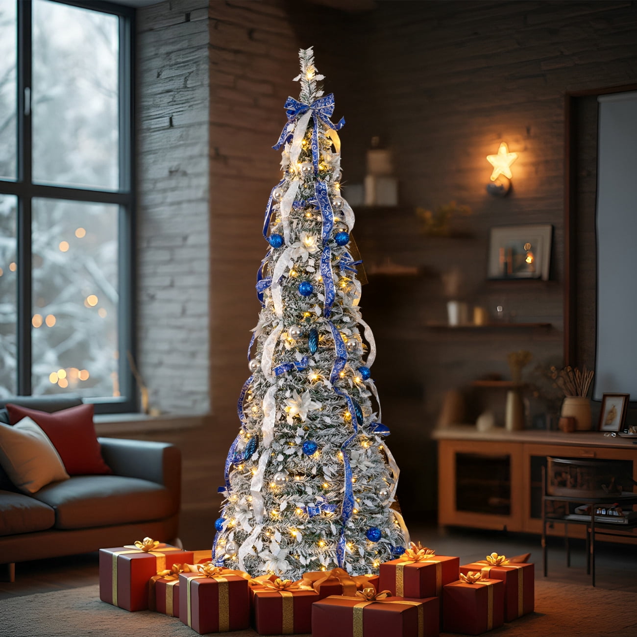 7FT Pop Up Christmas Tree with Remote Control,Prelit Snow Flocked ...