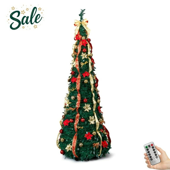 7FT Pop-Up Christmas Tree with 200 Warm LED Lights & Remote Control, Easy Setup Pre-Lit Artificial Xmas Tree w/ Red & Gold Ornaments, Green