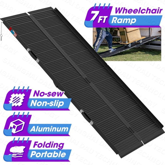 7FT Portable Home Wheelchair Ramp Anti-Slip Aluminum Steps Folding 600 LBS Black