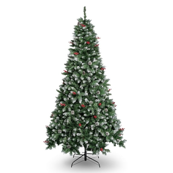 7FT Pre-Decorated Holiday Christmas Tree for Home Office Party Decoration w/ 1100 PVC Branch Tips, Artificial Xmas Snow Tree w/ Pine Cone & Red Berries, Metal Hinges & Base, for Indoor Festival Decor