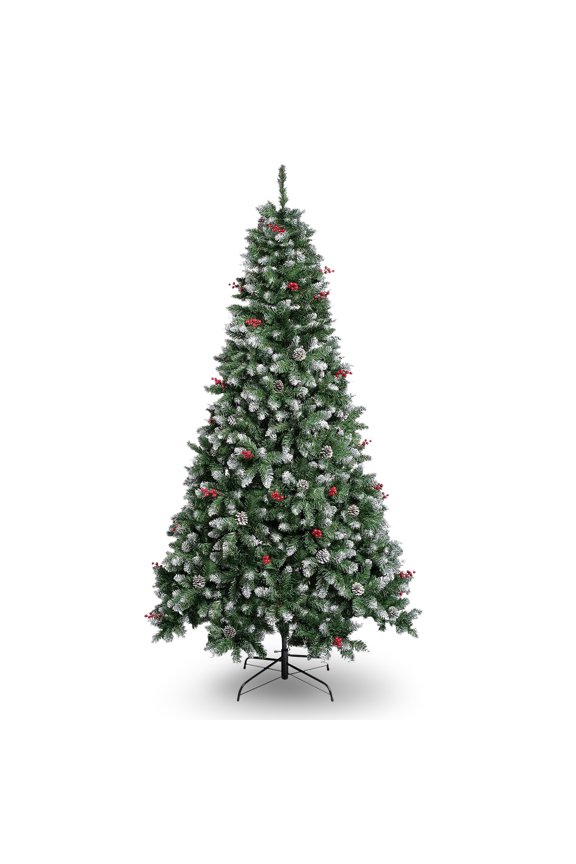7FT Pre-Decorated Holiday Christmas Tree for Home Office Party Decoration w/ 1100 PVC Branch Tips, Artificial Xmas Snow Tree w/ Pine Cone & Red Berries, Metal Hinges & Base, for Indoor Festival Decor