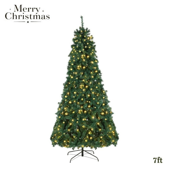 7FT Pre-Lit Artificial Christmas Tree with 450 Warm White LED Lights, 8 Lighting Modes, 1050 PVC Branch Tips, Iron Stand, Easy Assembly, Remote Control Included, Green