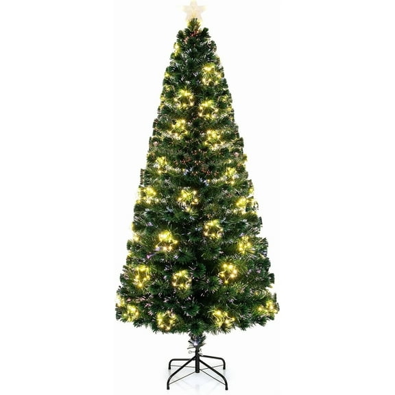 7FT Pre-Lit Christmas Tree, Artificial Fiber Optic Xmas Tree with 48 Warm White DIY Light Strings, Top Star, 270 Branch Tips, Seasonal Holiday Decoration Tree for Home Party Office