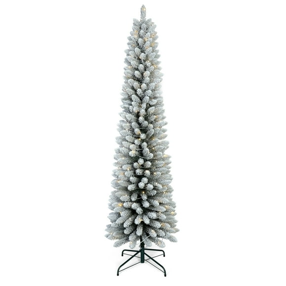 7FT Pre-Lit Flocked Pencil Christmas Tree, Bringstar Artificial Slim Xmas Trees, 200 LED Warm White Lights