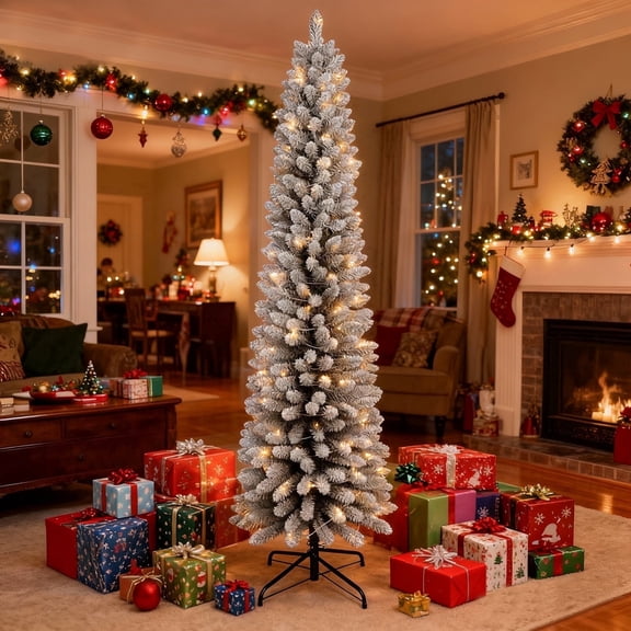 Bringstar 7FT Pre-Lit Flocked Pencil Christmas Tree, Slim Artificial Snowy Xmas Tree with 200 Warm LED Lights for Home Office Corner