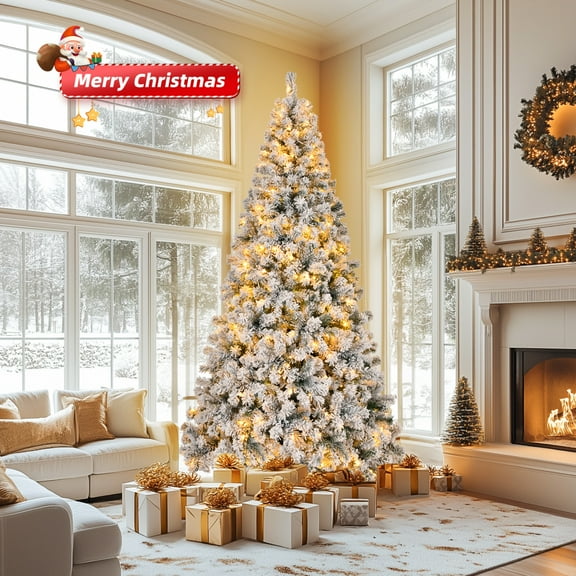 7FT Pre-Lit Snow Flocked Christmas Tree with Remote Control, 11 Light-Modes, 400 Lights, 1000 Branch Tips and Metal Stand for Home, Party, Holiday Decor, White