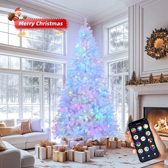 7FT Pre-Lit White Christmas Tree - 1150 PVC Branch Tips, 400 RGB LEDs, Flame-Retardant Artificial Holiday Centerpiece