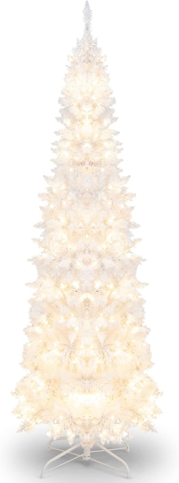 7FT PreLit White Pencil Christmas Tree Artificial Slim Tree, Hinged
