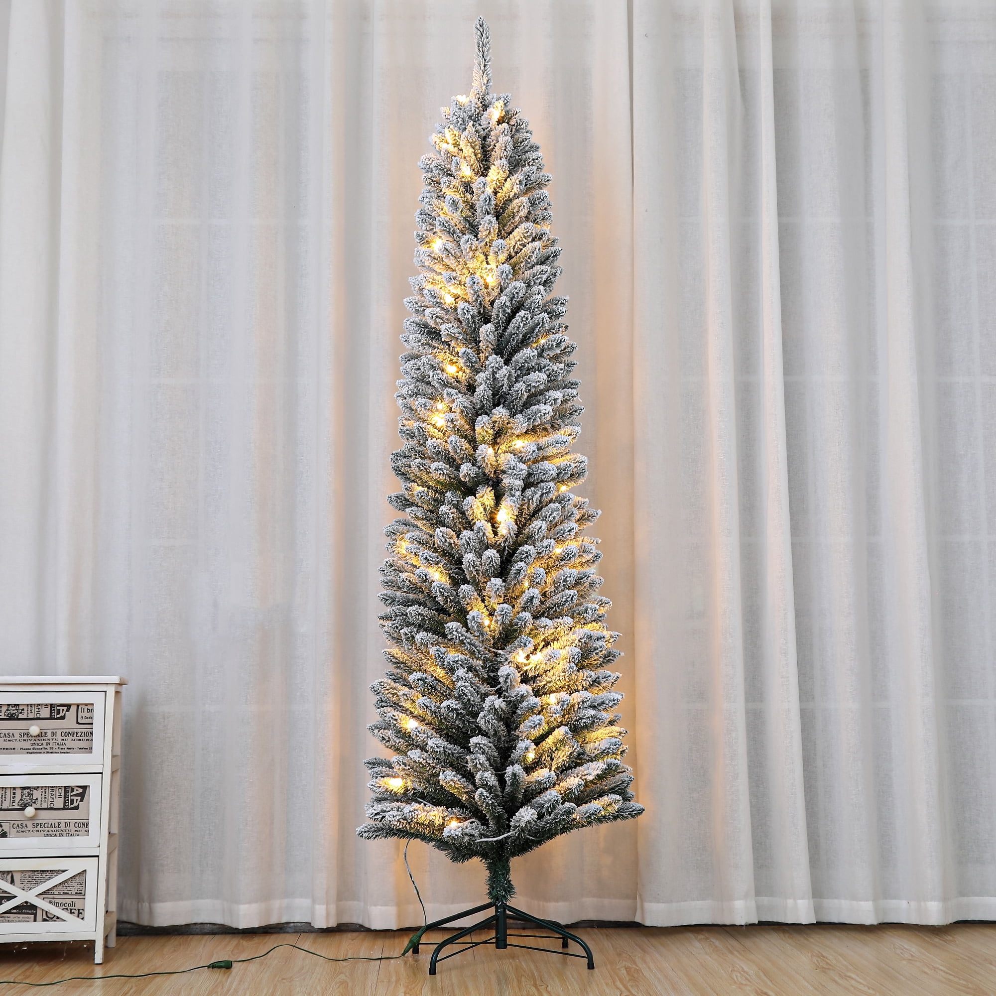 7FT Prelit Christmas Tree, White Artificial Pencil Trees Snow Flocked