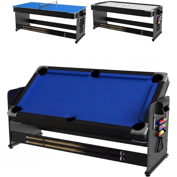 7FT Rotating 3-in-1 Game Table, Convertible Air Hockey, Pool & Table Tennis Combo Game Table with Built-in Storage Rack, Easy Flip Top Design for Home Game Room, Blue