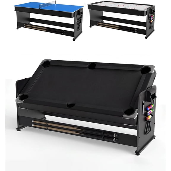 7FT Rotating 3-in-1 Game Table, Convertible Air Hockey, Pool & Table Tennis Combo Game Table with Built-in Storage Rack, Easy Flip Top Design for Home Game Room, Black