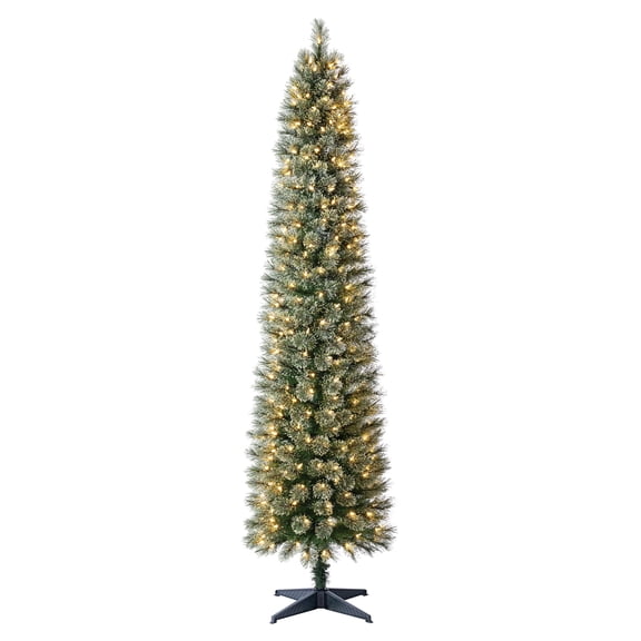7' Pre-Lit Shelton Cashmere Pencil Fir Green Artificial Christmas Tree with 300 Warm White LED Lights and Stand, by Holiday Time