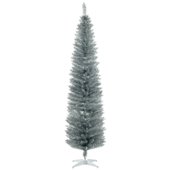 7FT Silver Pencil Christmas Tree, 499 Realistic Branch Tips with Plastic Stand, Decorated Xmas Tree Slim Artificial Christmas Tree with Metal Foldable Base, by Miaoweii