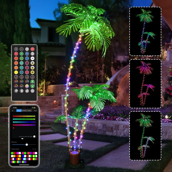 7FT Smart Lighted Palm Tree DIY Color Changing 3 Trees Lights Music Sync Pre Lit Large Artificial Christmas Tree App Remote Control for Outside Patio Yard Pool Porch Deck Party Tropical